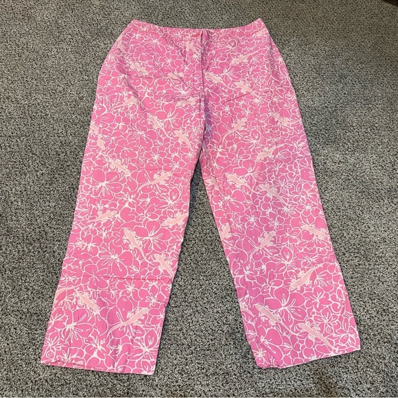 LILLY PULITZER Size 10 Hot Pink Hibiscus Flower Print Pants Cropped R $138 - Picture 2 of 9